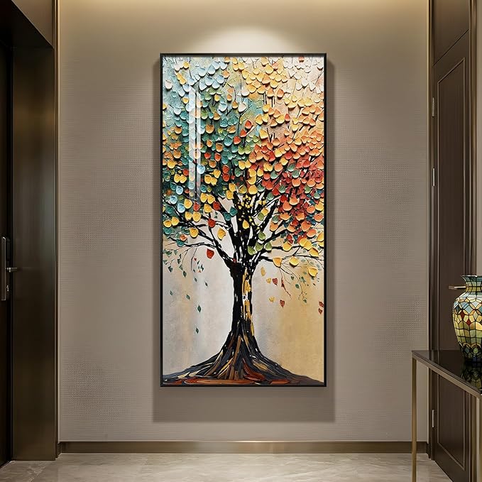 Large Framed Vertical Tree of Life Wall Art for Living Room, Modern Abstract Colorful Tree Painting Prints Artwork for Walls, Contemporary Luxury Pictures for Hallway Entryway Office Wall Decor, 30x60