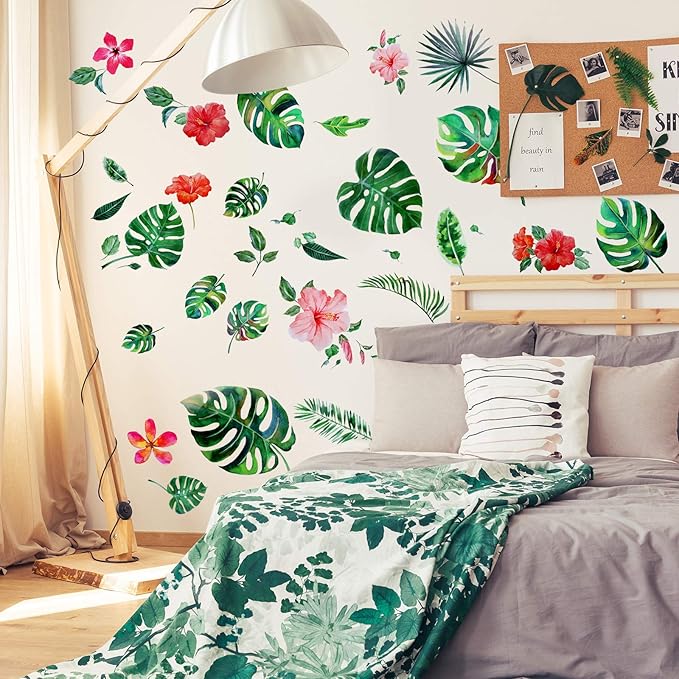 Zonon 66 Pieces Large Hawaiian Floral Wall Decals Jungle Tropical Palm Leaves Window Clings Removable Hibiscus Flower Wallpaper Stickers Green Plants Peel Sticker for DIY Craft Classroom Home Decor