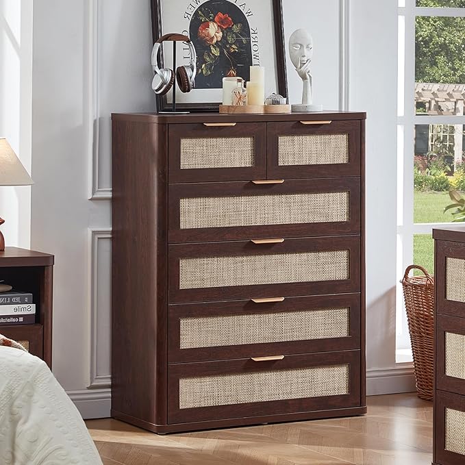 LEYAOYAO Dresser for Bedroom, 41" Tall Chest of Drawers, Modern 6 Drawers Boho Rattan Dressers with Storage, Dresser Wooden Closet Organizer for Living Room, Hallway