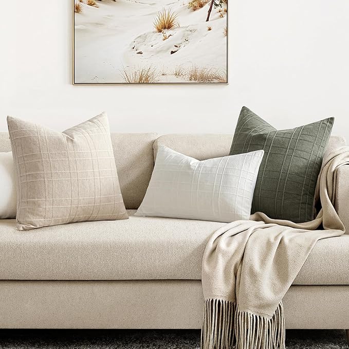 MIULEE Decorative Linen Check Euro Shams Throw Pillow Covers Neutral Farmhouse Vintage Pillow Covers 22x22 Set of 2 Boho Modern Home Decor for Sofa Couch Bedroom Cushion Natural Beige