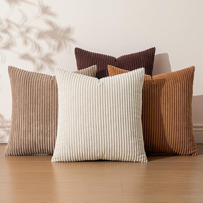 EMEMA Brown Decorative Throw Pillow Covers 20x20 Inch Set of 4 Boho Farmhouse Corduroy Striped Square Pillow Case,Western Modern Cushion Covers for Couch Bed Livingroom Home Decor