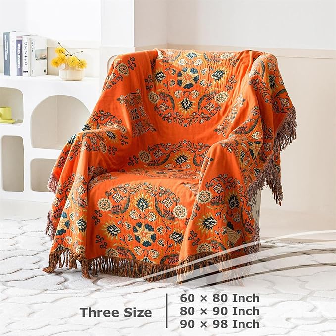 Boho Throw Blanket for Bed 100% Cotton Soft Lightweight Quilt Floral Embroidery Home Decor Spring Breathable Bed Blankets,60"x80" Twin All Season Reversible Blankets for Sofa Couch Chair