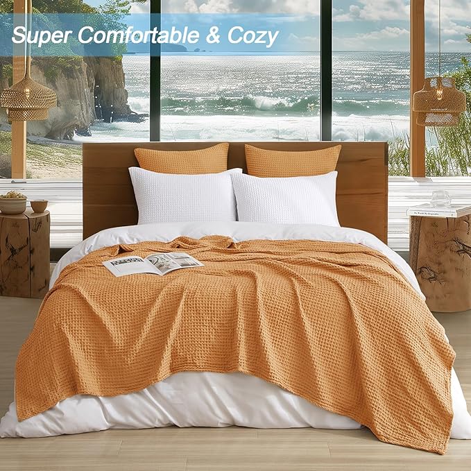 PHF Ultra Soft Waffle Weave Blanket King Size 104"x 90"- Washed Lightweight Breathable Cozy Woven Blanket for Bed - Aesthetic Decor for Couch Bedding Sofa Home Car - Orange