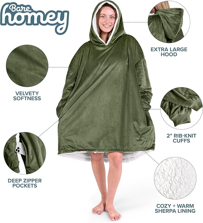 Bare Home Wearable Blanket Hoodie - Soft Plush Sherpa - Warm and Cozy - Oversized Wearable Blanket - Adult & Kid Sizes