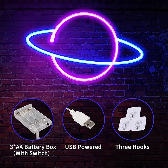 Neon Signs for Wall Decor, 3PCS LED Neon Lights for Bedroom, USB or Battery Powered Light Up Space Themed Alien Planet Rocket for Kids, Teen Boys, Gaming Room, Bar, Birthday, Cool Decoration Aesthetic