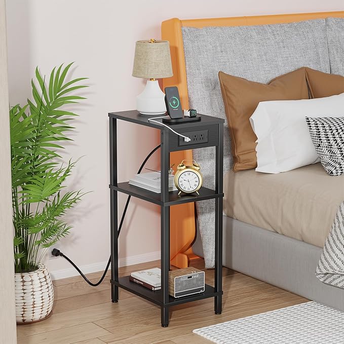 Tall End Table with Charging Station, 3 Tier Black Side Table with Storage, Small Nightstand with Outlets for Bedroom, Living Room, Office