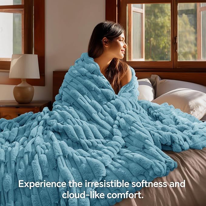 BEDELITE Faux Fur Twin Blanket for Couch - Super Soft & Cozy Plush Striped Blanket for Sofa and Room Decor, Luxury Fluffy All-Season Blankets Gift for Women, Men, Mom, Dad, 60x80 inch, Light Blue