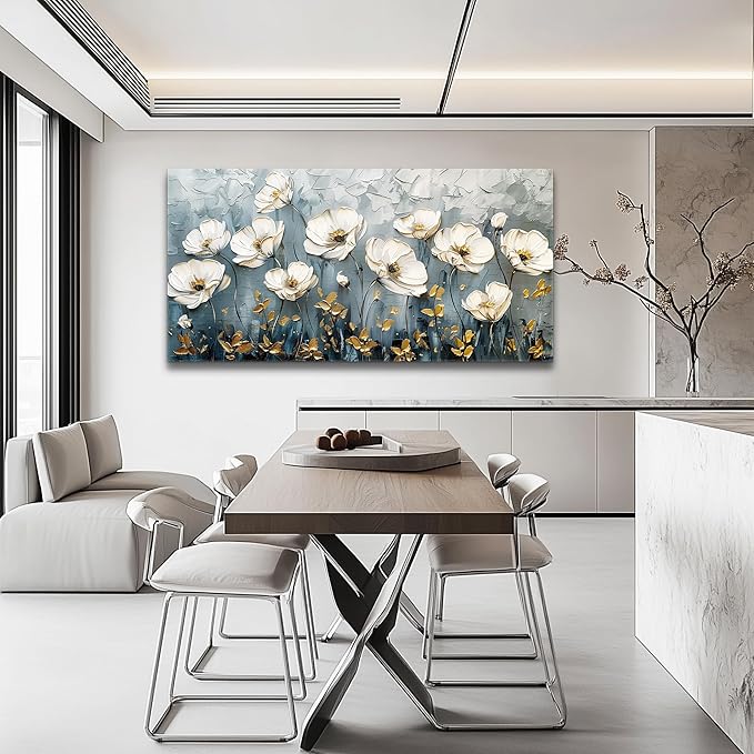 QIYILEXWART Canvas Wall Art For Living Room Wall Decor For Bedroom Office Wall Decoration Textured White Flower Landscape Painting Farmhouse Pictures Artwork Room Aesthetic Home Decor 20x40 In