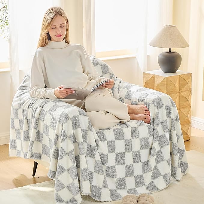 EMME Checkered Blanket Queen Size - 80"x90" Grey Knit Blanket Soft Fluffy Patterned Throw Blankets for Couch, Sofa, Chair, Bed, Camping, Picnic, Travel