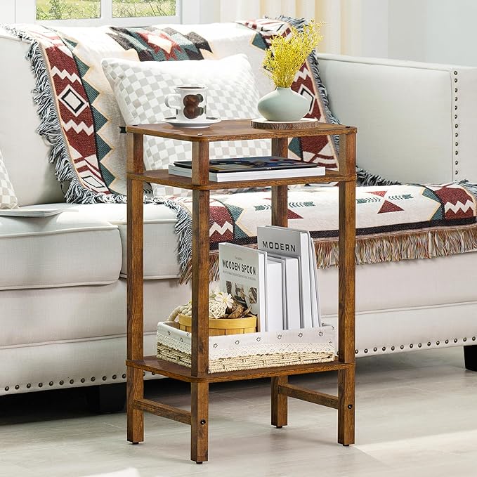 Side Table End Table Tall Night Stand 3-Tier 2 Pack for Living Room Bedroom Bathroom Office Furniture Brown