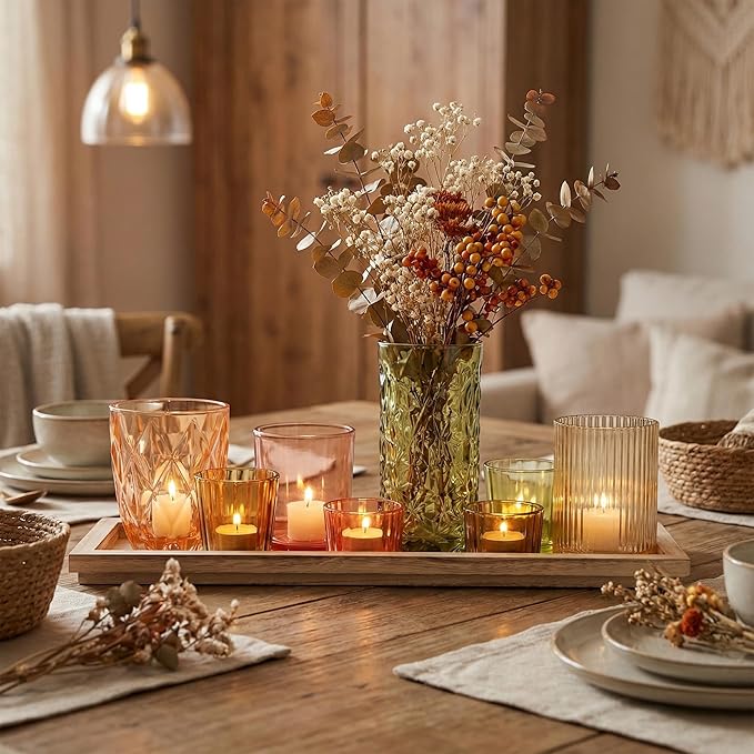 Votive Candle Holders Set with Wooden Tray - 8 Piece Rustic Colored Glass Candlestick & Solid Wood Centerpiece Decor for Mantel, Dining Table, Farmhouse Wedding Decor