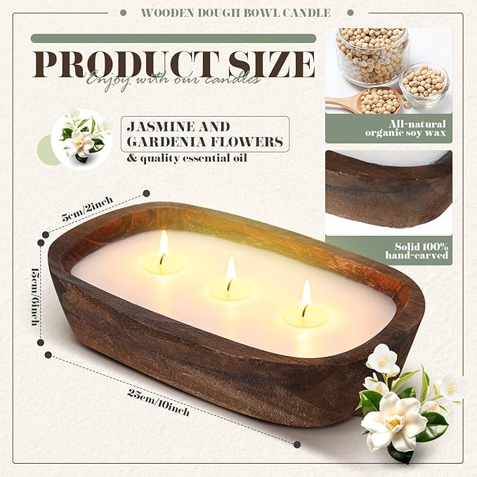Threlaco 1 Pack 10 Inch Wood Dough Bowl Candles Home Rustic Dough Bowl Soy Candle 3 Wick Scented Candles Gifts for Men Women Farmhouse Table Centerpiece Home Decor for Christmas(Jasmine Gardenia)