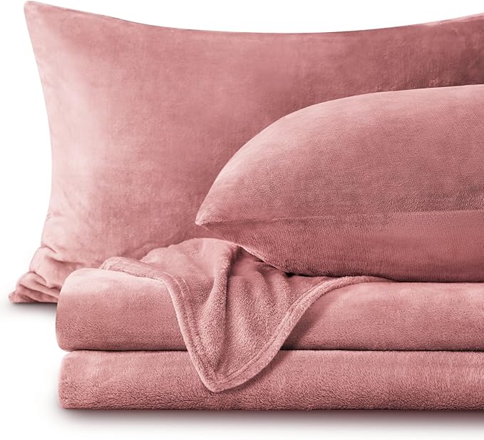 BEDELITE Flannel Sheets Queen Size Dusty Pink - Super Soft Fleece Sheets Set Fluffy Extra Plush, 4 Piece(Include Fitted Sheet, Flat Sheet, 2 Pillowcases)