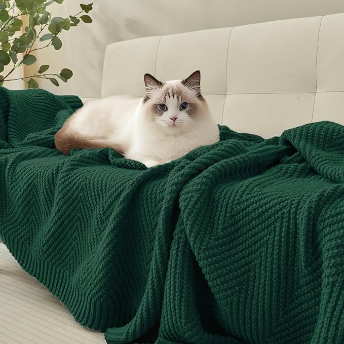 Knitted Throw Blanket 60"X80", Dark Green Knit Throws for Bed, Super Soft Boho Chevron Blankets for Couch Sofa Chair Room Decor, Textured Decorative Farmhouse Cozy Lightweight