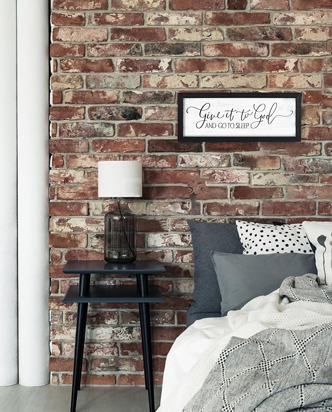 Give It to God and Go to Sleep Sign: Couples Bedroom Wall Decor Above Bed Framed Master Bedroom Signs Farmhouse Rustic Wall Art Country Home Decor Family Sign Hanging Plaques 6" x 14.5"