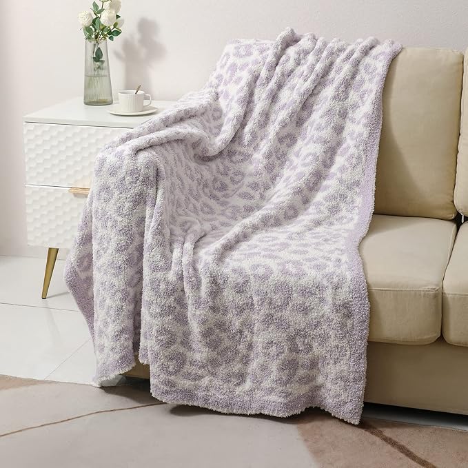 bearberry Fuzzy Leopard Knitted Throw Blanket Soft Cozy Warm Microfiber Blanket for Couch Sofa Bed Travel (Purple/Cream, 50"x60")