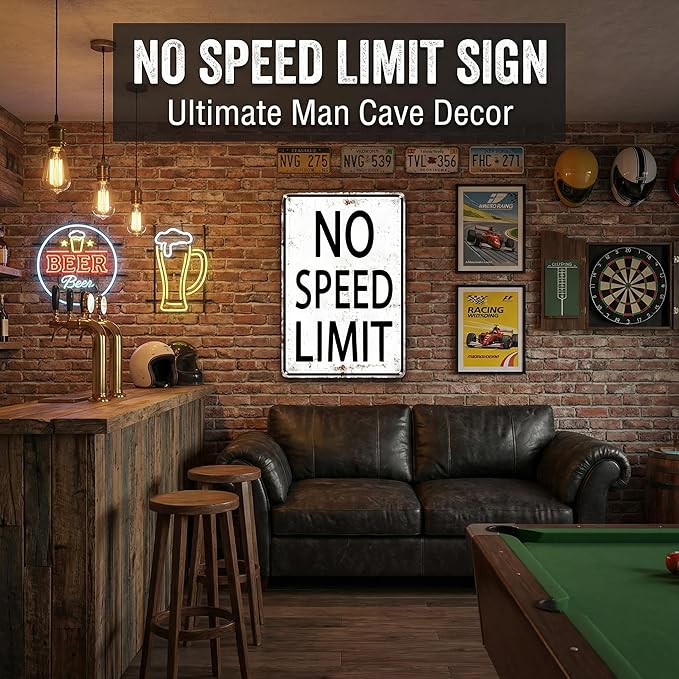 Boys Gifts Retro Tin Sign No Speed Limit Sign for Boys Room Man Cave Garage Bedroom Vintage Style Wall Art Decor 8 x 12 Inch (3096)