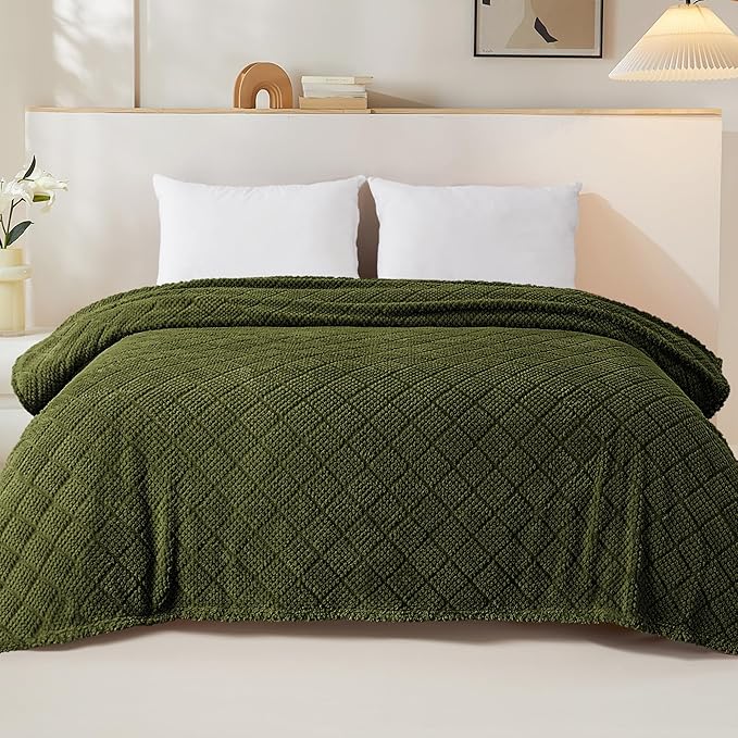 Whale Flotilla Fuzzy Fleece Queen Size Blanket for Bed, Soft Fluffy Jacquard Waffle Blankets for All Season, Lightweight and Warm, 90x90 Inch, Olive