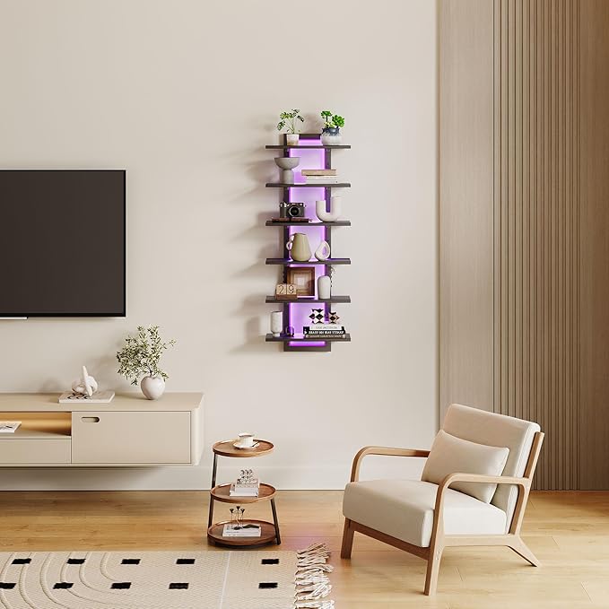 6 Tier Wall Shelf Unit with LED Light, Black Floating Shelf, Vertical Display Shelf, Wall Decor for Bedroom Living Room, Vanity, 15" W x 5.9" D x 43.3" H