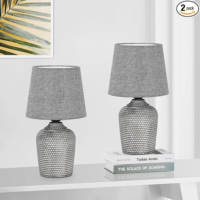 Sucolite 11.8'' Small Table Lamps Set of 2, Bedside Nightstand Lamps for Bedroom Kid’s Room, Cute Desk Lamps with Studded Texture Base for Reading Nursery Living Room Office, Grey
