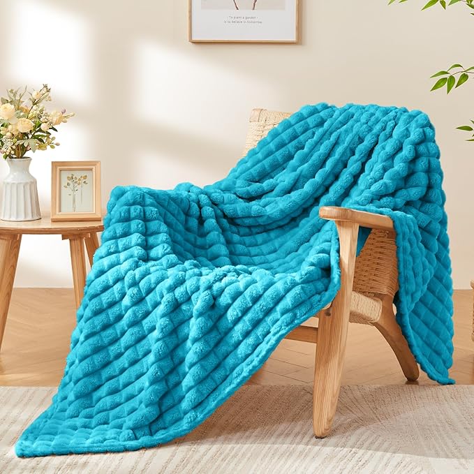 BEDELITE Teal Throw Blanket for Couch and Bed- Super Soft and Warm 3D Checkered Fluffy Fuzzy Fleece Blanket, Luxurious Plush Cozy Blanket for Room Decor Fall and Winter, 50x60 inches