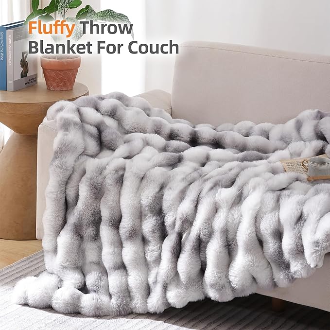 Smoofy Faux Fur Throw Blanket for Couch Rabbit Fleece - Tie-dye Grey Fluffy Blanket for Sofa Bedroom Living Room, Cozy Soft Plush Luxury Thick Winter Fuzzy Comfy Bubble Blanket - 50" x 60"