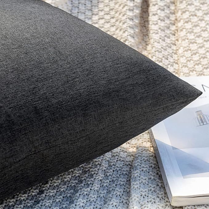 MIULEE Pack of 2 Decorative Outdoor Solid Waterproof Throw Pillow Covers Euro Sham Faux Linen Garden Farmhouse Cushion Cases for Halloween Tent Balcony Couch Sofa 22x22 Inch Black