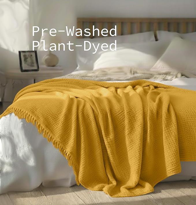 KyraHome 100% Cotton Muslin Throw Blankets for Couch, 50"x60" Pre-Washed Plant Dyed, Breathable, Lightweight Muslin Throw Blankets for Adults, All Season, Mustard Yellow