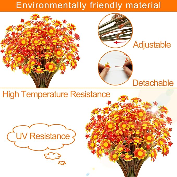 8 Bundles Artificial Daisy Flowers for Outdoors Spring Decor, UV Resistant Faux Cemetery Flowers Plastic Greenery Shrub Fake Flowers Plants Home Gardens Porch Planter Indoor Summer Fall Decor(Orange)