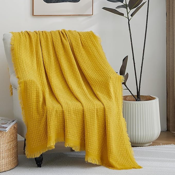 100% Acrylic Decorative Knitted Throw Blanket with Tassels for Bed, Couch, Small, Sofa, Lightweight, Soft, Cozy, Waffle Textured Blanket, Suitable for Spring, Summer, Yellow, 50"x60"