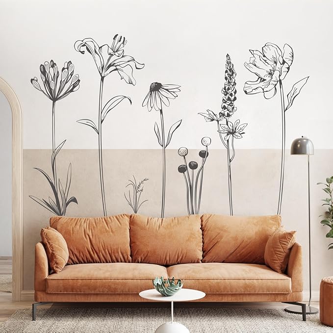 Large Boho Black Flower Wall Decals Simple Sketch Wildflower Floral Wall Stickers for Girls Bedroom Living Room Bathroom Office Adult Home Decor