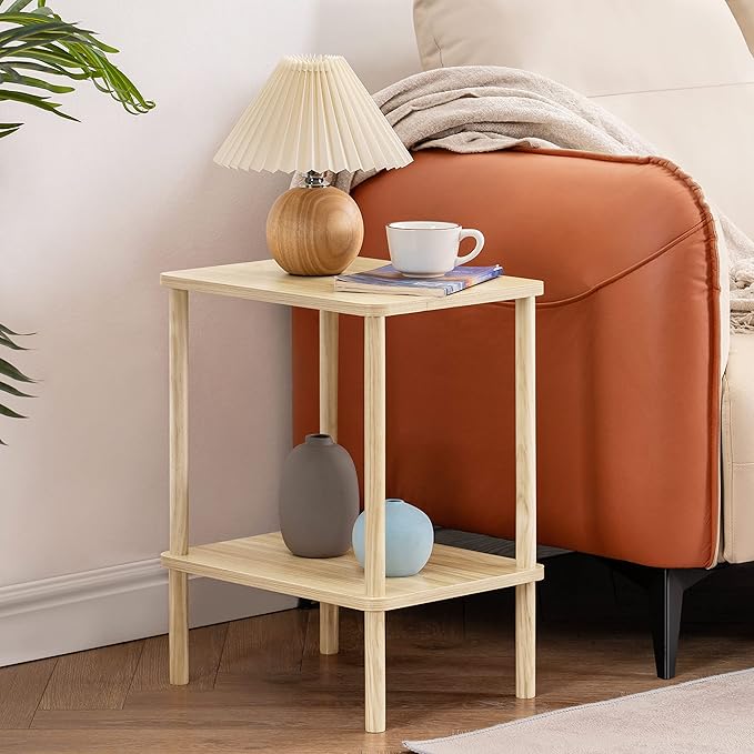 Apicizon 2 Tier End Table Set of 2, Small Side Table with Solid Wood Legs, Boho Bedside Table with Storage Shelf, Nightstand for Small Spaces, Bedroom, Living Room, Entryway, Light Natural