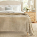 decorUhome Soft Fleece Light Brown Blanket Queen Size for Bed, Cozy Fluffy Plush Flannel Large Striped Throws for Couch Sofa, Lightweight Decorative Fuzzy Blanket for Woman, 90x90 Inches