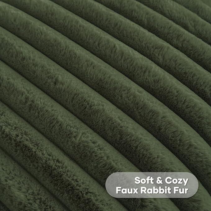FUTEI Olive Green Decorative Throw Pillow Covers Set of 2, 28x28 Inch Soft Fluffy Faux Fur Plush Striped Euro Pillow Shams, Modern Home Decor for Couch Bed Living Room