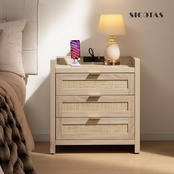 SICOTAS Rattan Nightstands Set of 2 Bedside Table - Larger Night Stand with Type-C Charging Station, 3 Drawers Storage, Boho Night Stands End Table for Bedroom Office - Light Oak
