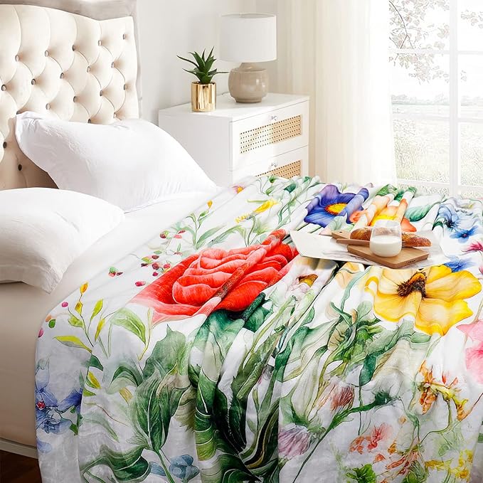Floral Blanket Vintage Flowers Blankets Butterfly Wildflowers Throw Blankets Soft Cozy Flannel Fleece Throw Blanket Colorful Daisy Plants Throw Blanket for Couch Sofa Bed, 60"×80"