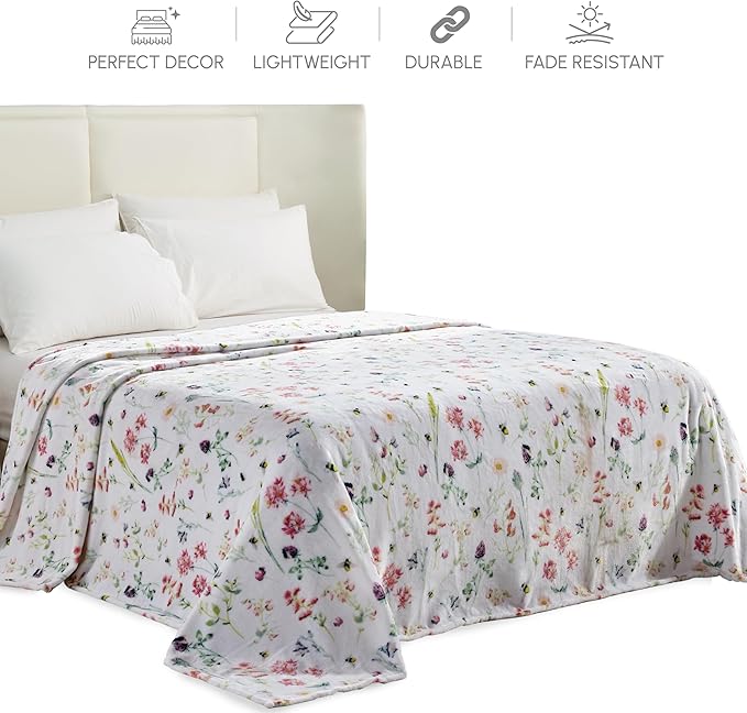 Elegant Comfort Ultra Soft Print Flannel Fleece Bed Blanket, Cozy-Fuzzy Lightweight Bedspread Coverlet, All Season Decorative Blanket for Couch, Sofa, Floral Design, King Size, Bloom