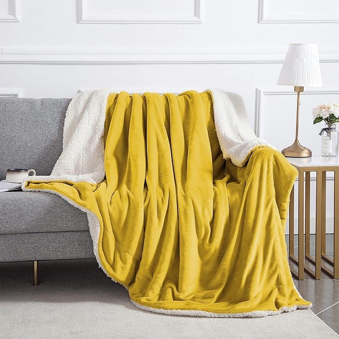 IR Imperial Rooms Gold Sherpa Fleece Queen Size Blanket for Bed - Thick and Warm Blanket for Winter Reversible Soft and Fluffy Blankets Queen Size, Yellow, 90x90 Inches