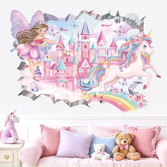 decalmile 3D Fairy Princess Wall Decals Castle Unicorn Crack Hole Rainbow Wall Stickers Girls Bedroom Baby Nursery Kids Room Wall Decor