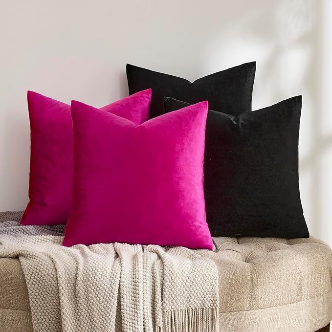 GIGIZAZA Pillow Covers 20x20 Set of 4,Black Hot Pink Velvet Soft Pillow Covers Decorative Square Modern Pillows Cushion Cases for Living Room