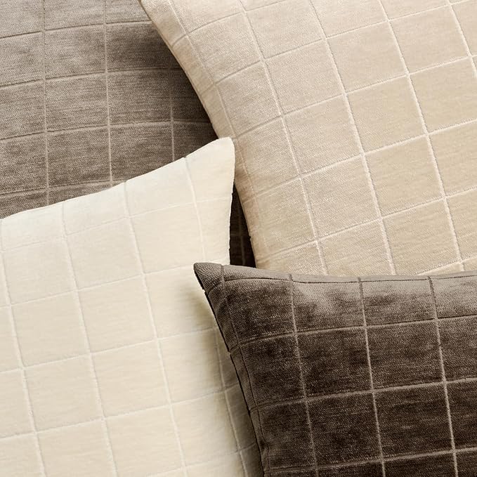 MIULEE Decorative Chenille Check Throw Pillow Covers Vintage Plaid Couch Pillows 18x18 Inch Set of 2 Neutral Boho Farmhouse Cushion Covers Modern Spring Home Decor for Sofa Bed Living Room Beige