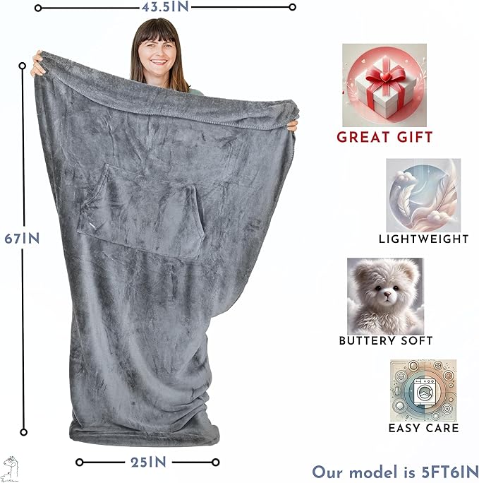 Fleece Lightweight Foot Pocket Blanket -Patent Pending- Gamer Gift for Men Who Have Everything -Father's Day Premium Gifts for Dad Who Wants Nothing and Elderly Dads (Fleece, Silver Grey)