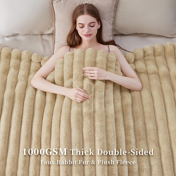Fluffy Faux Fur Throw Blanket King Size, Thick 1000GSM Soft Cozy Throw Blankets for Bed, Plush Striped Warm Fuzzy Blanket for Couch LivingRoom Home Decor & Gifts(90"x 104", Beige)