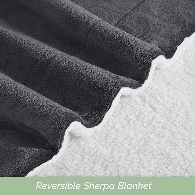 Elegant Comfort Ultra Soft Reversible Flannel Sherpa Blanket - Cozy Silky Fleece Throw for Couch, Bed - Plush Fuzzy Warm Winter Blanket for Gift, Queen, Gray
