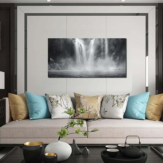 Waterfall Wall Pictures for Living Room - Black and White Landscape Wall Art for Office - Modern Abstract Canvas Wall Art for Bedroom Size 20" x 40"