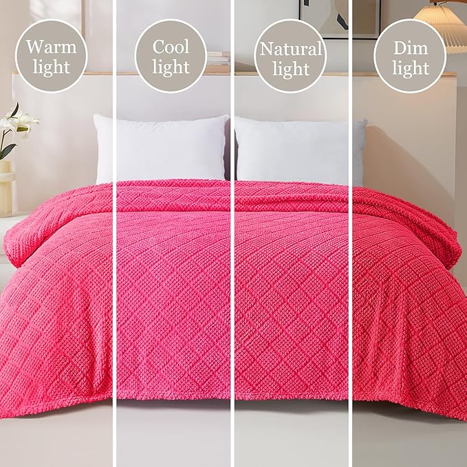 Whale Flotilla Fuzzy Fleece Queen Size Blanket for Bed, Soft Fluffy Jacquard Waffle Blankets for All Season, Lightweight and Warm, 90x90 Inch, Hot Pink