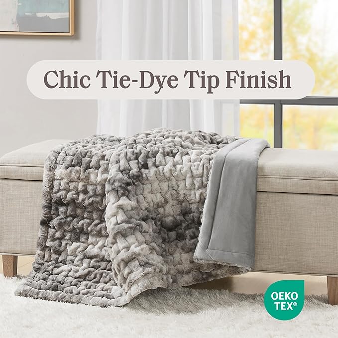 Madison Park Faux Fur Throw, Luxurious Ruched Texture, Fuzzy Warm, Plush Mink-Like Reverse, All Season, Lightweight & Cozy Blanket-Throw for Sofa, Couch, Living Room & Office 50" x 60" Gray Tie Dye