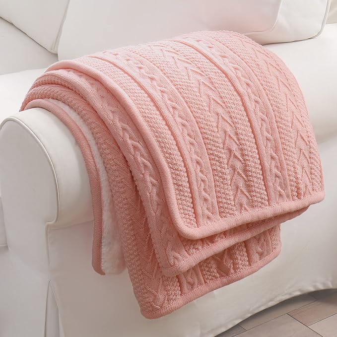 Longhui bedding Pink Acrylic Cable Knit Sherpa Throw Blanket - Thick, Soft, Big, Cozy Knitted Fleece Blankets for Couch, Sofa, Bed - 50" x 63"