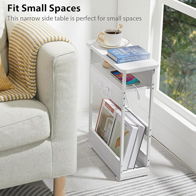Narrow Side Table with Charging Station, 3-Tier End Table with 2 USB Ports & Power Outlets,Thin Sofa Side Table for Narrow and Small Spaces, Bedside Table Nightstand for Living Room,White