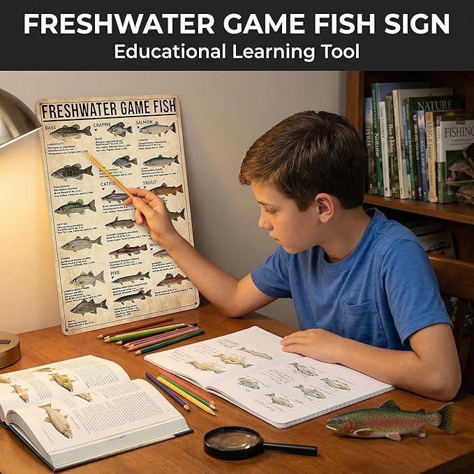 Boy's Fishing Gifts Vintage Fresh Water Gamefish Knowledge Tin Sign for Man Cave Boys Hunting Room Bedroom Lake House Cabin Wall Art Decor 8x12 Inch (3069)